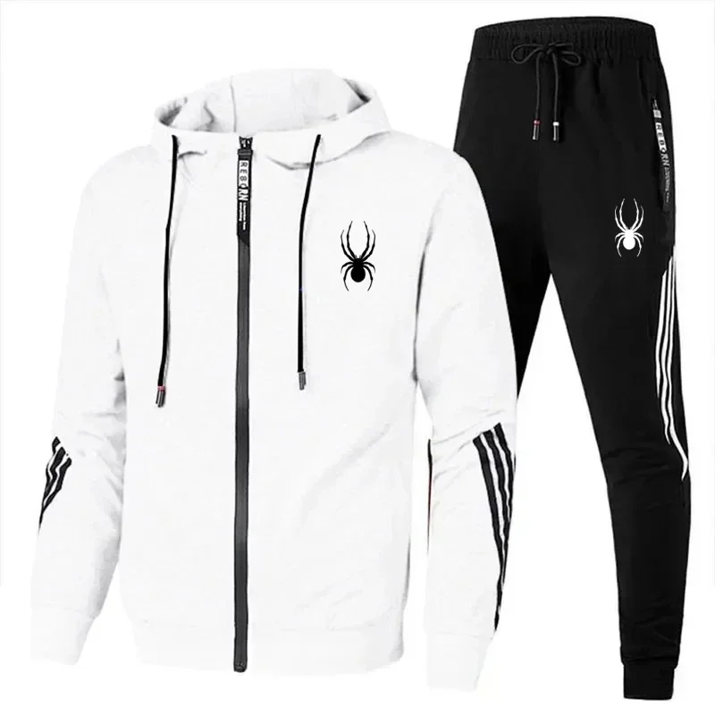 

2025 Spring/Autumn New Men's Spider Printed High Quality Zipper Hoodie Set Outdoor Sports Running Mountaineering Two Piece Set