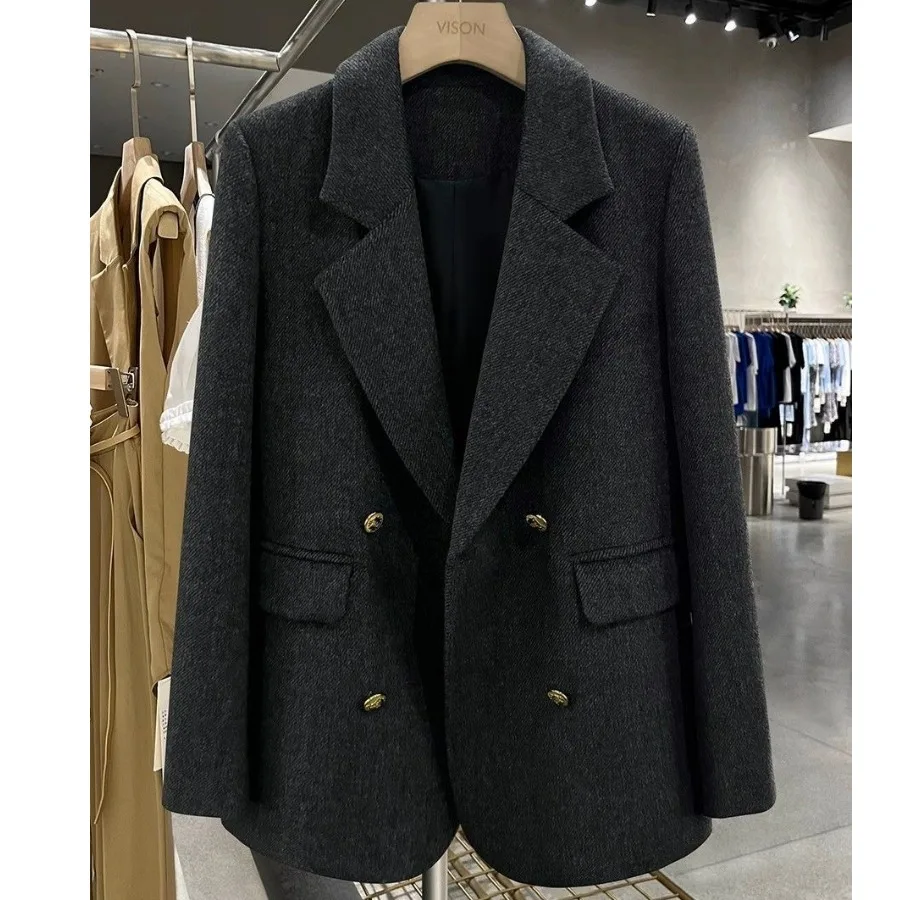 Deep Grey Twill Korean Style Slim Fit Woolen Suit Jacket Women's 2026 New Autumn Winter High End Trendy Small Western Wear