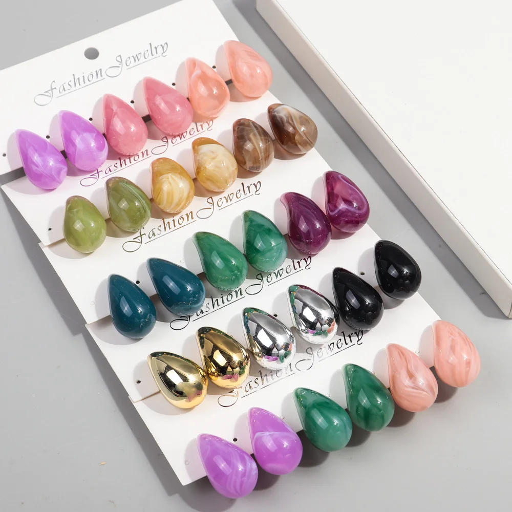 FishSheep Trendy Multi Color Acrylic Teardrop Chunky Earrings for Women Fashion Glossy Waterdrop Dome Earring Party Jewelry Gift