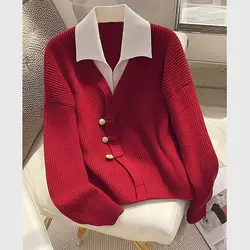 Women Stylish Chinese Style Contrast Color Patchwork Fake Two Piece Knitted Sweater Chic Polo Collar Long Sleeve Pullover Tops