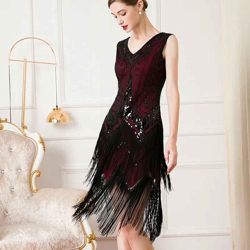 CHIC Spring Tassels Embroidery Sequins Europe American Women's Dresses Party Sexy V-Neck Sleeveless Lady Tank Dress Celibrity