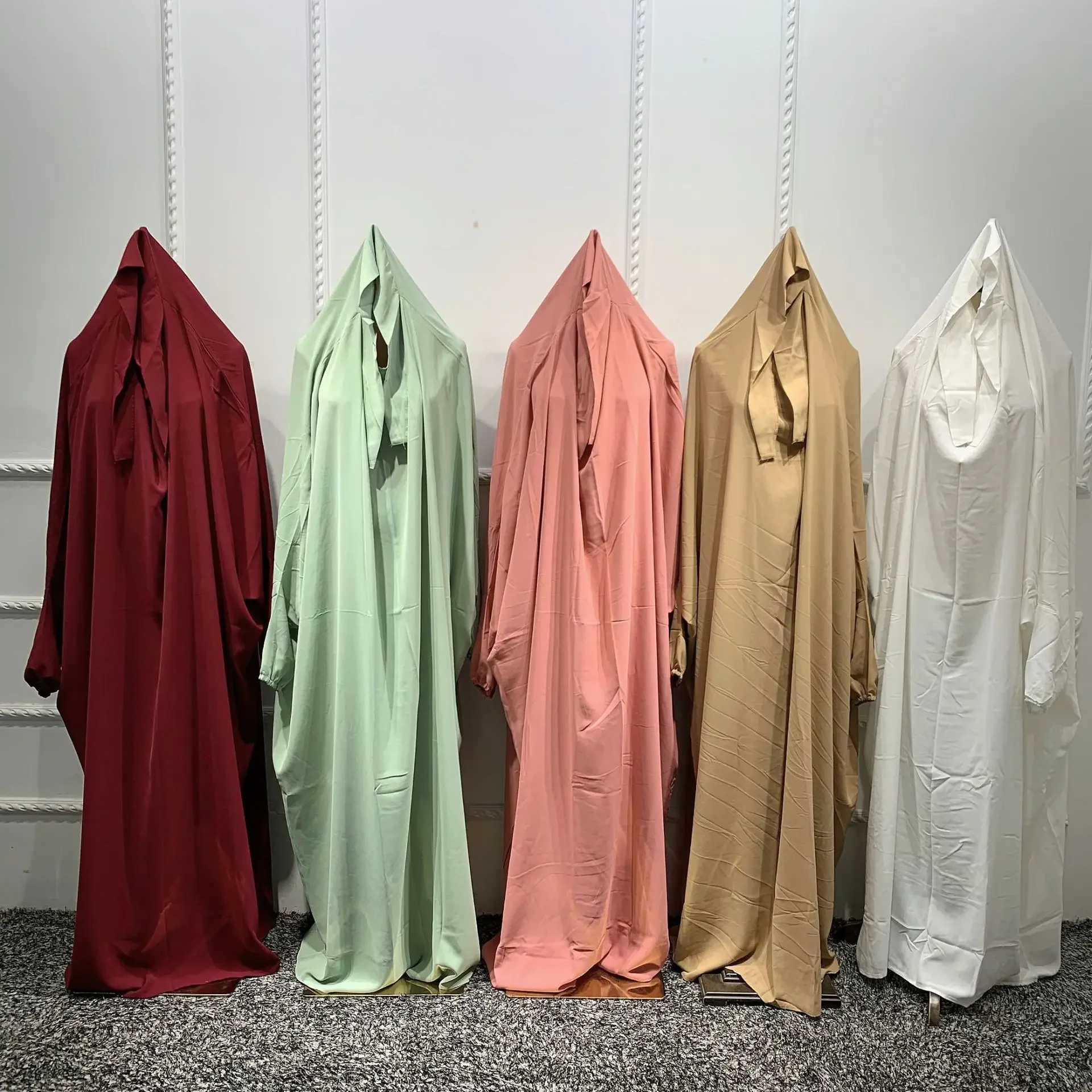 Muslim Women Fashion One-piece Prayer Dress 2023 Abaya Smocking Sleeve Islamic Clothing Dubai Saudi Solid Robe Turkish Modesty