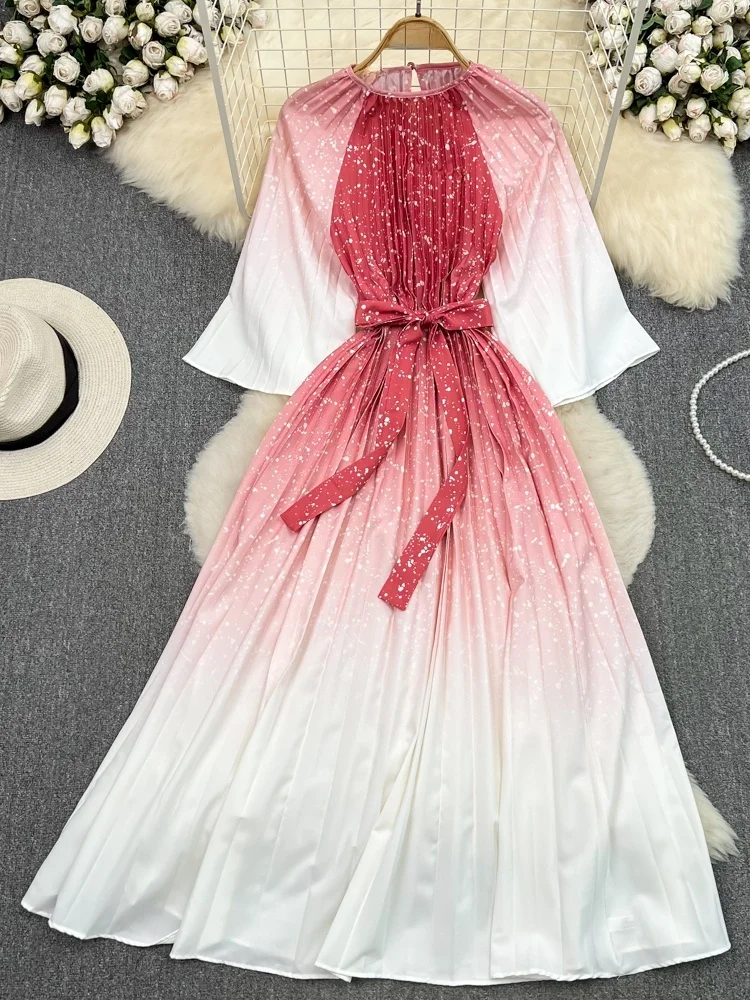 夏らしいヴィンテージ風スリムフィットAラインミディ丈ワンピース レディース ラウンドネック 七分袖 ツートンカラー プリーツワンピース 韓国風