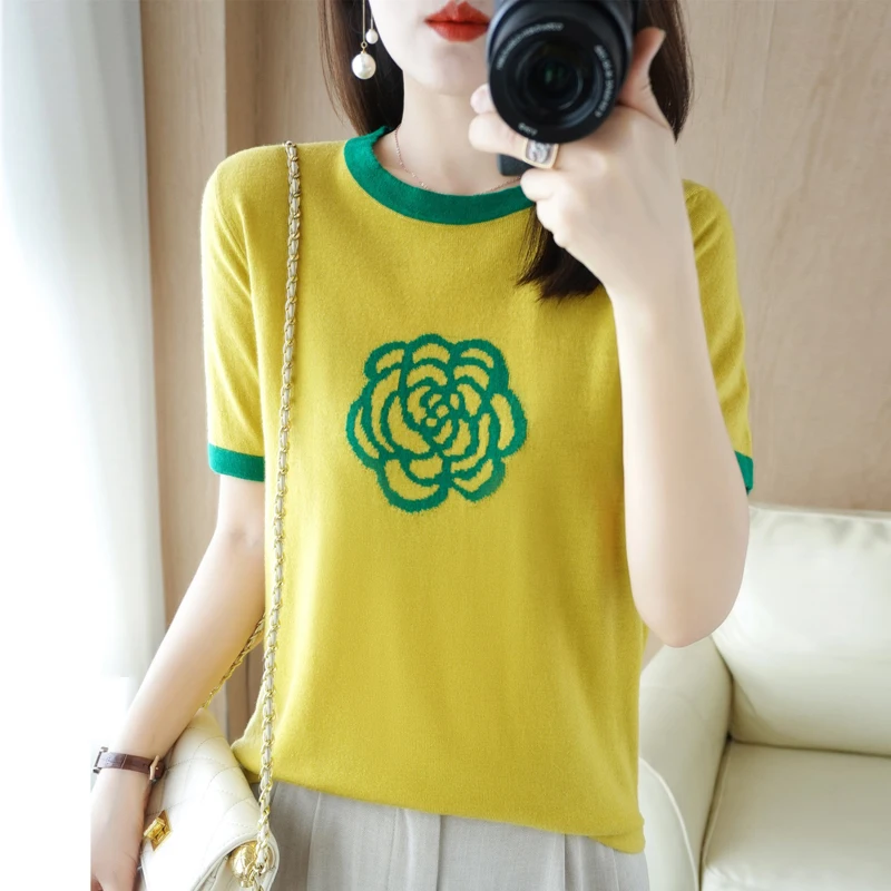 Spring/Summer New High-End Women\'s Pullover Patchwork Color Camellia Embroidery Fashion Short-Sleeved T-Shirt Knitted Top