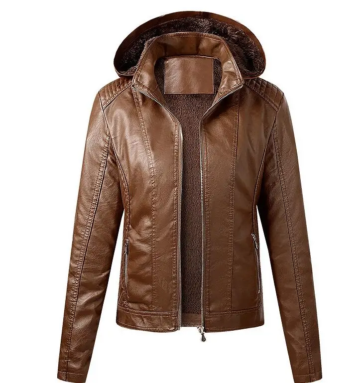 Chaqueta de cuero con capucha para mujer, abrigo de piel sintética, abrigo cálido, prendas de vestir, Otoño e Invierno
