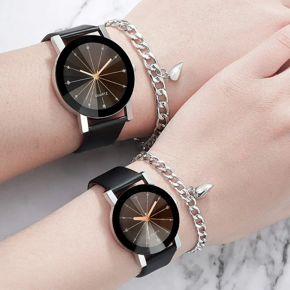 4pcs Black Strap Quartz Watch Bracelet Couple Creative Round Glass Dial Watch Magnetic Heart Silver Bracelet Set