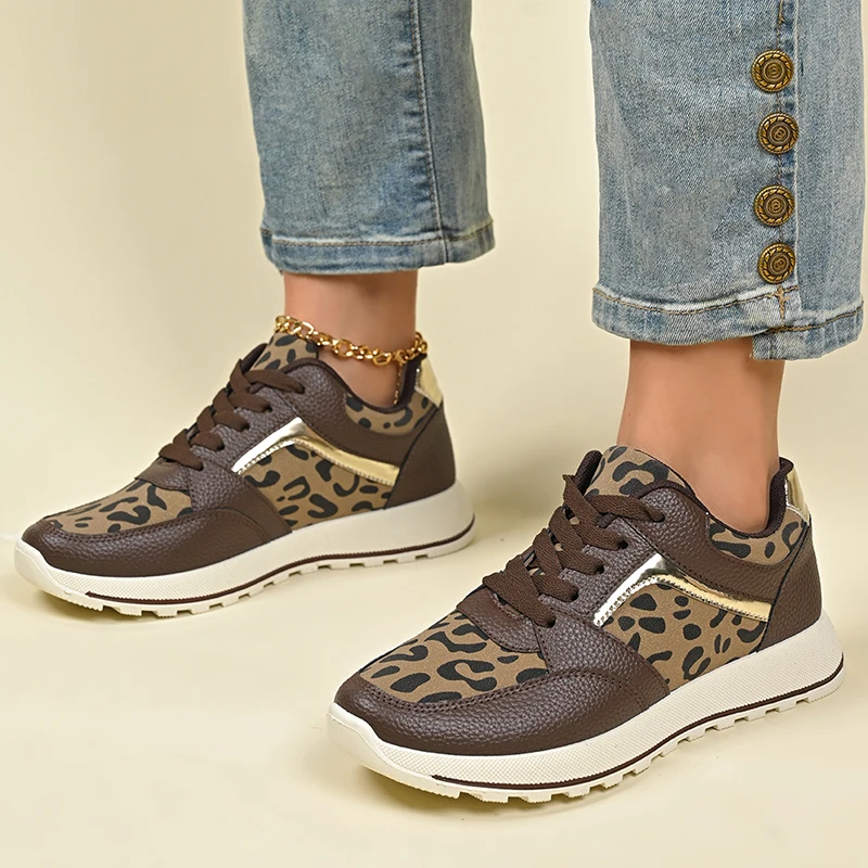 Zapatillas de deporte con plataforma de leopardo para mujer, zapatos informales de tendencia para exteriores, cómodas zapatillas planas con cordones, zapatillas deportivas para correr y tenis para mujer 41