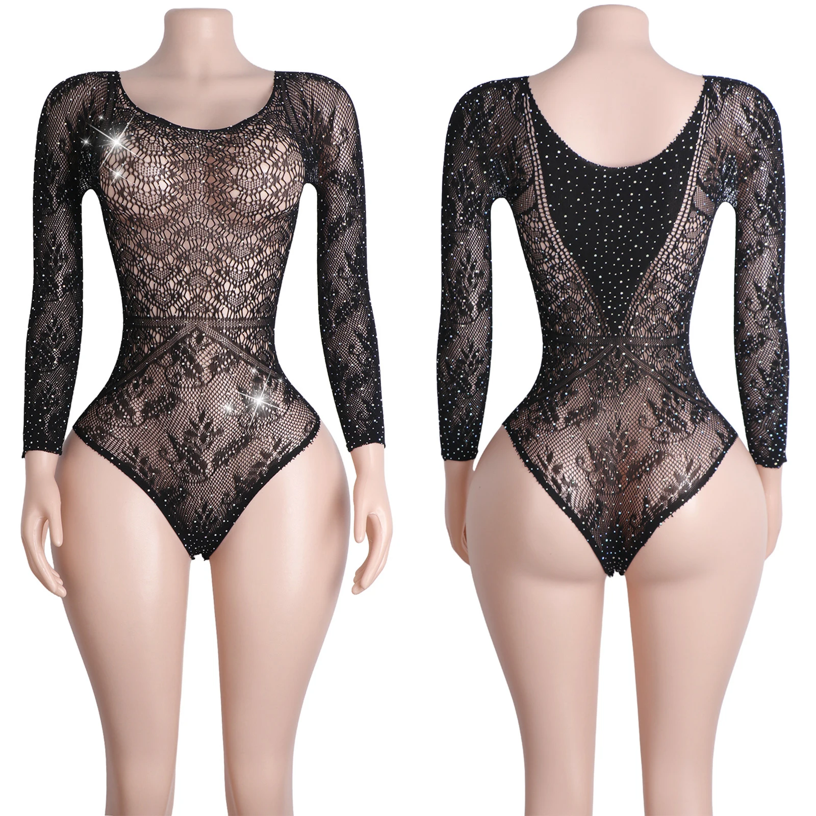 フィッシュネットラインストーンTバックボディスーツ袖柄ダンスウェアエキゾチック女性用衣装セクシーパフォーマンスウェアクラブウェアランジェリー