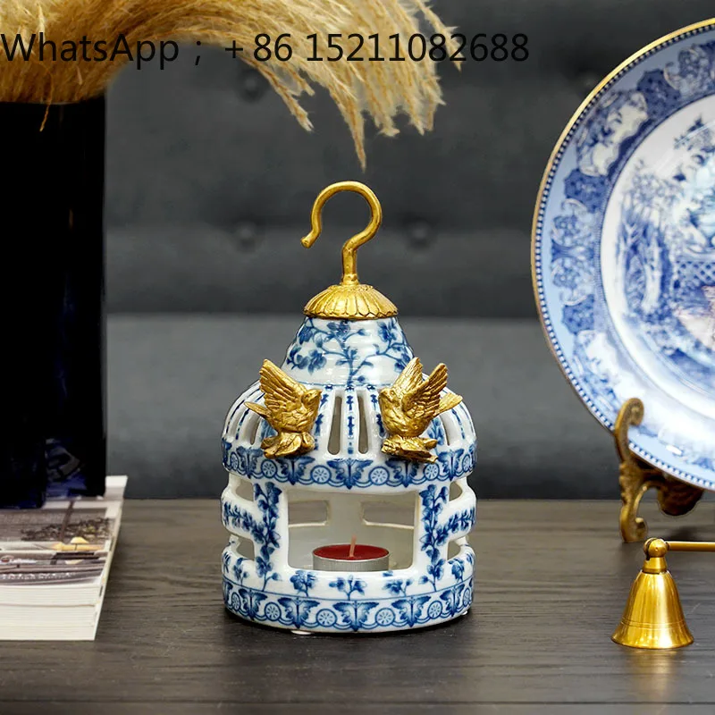LLY blue and white ceramics handmade brass bird cage shape home decoration candlestick ornament wax table ornament export
