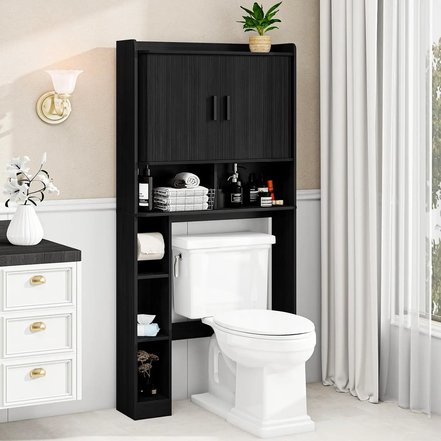 

Over The Toilet Storage Cabinet,Farmhouse Toilet Cabinet Rack with 2 Tambour Sliding Doors and Toilet Paper Holder Stand，Toilet