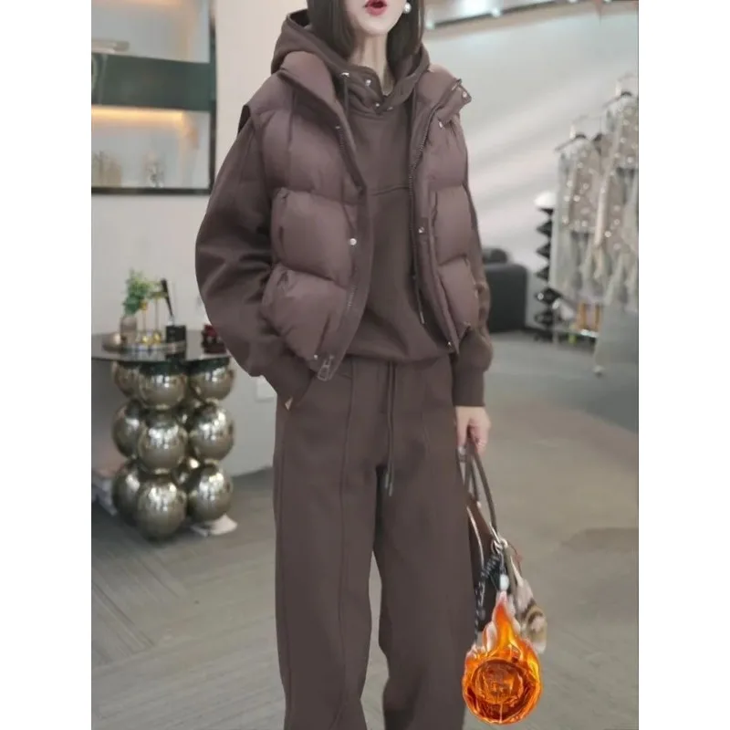 Fleece Thickened Fashionable Korean-style Casual Hooded Top + Long Pants New Autumn Winter Slimming Versatile Three-piece Set