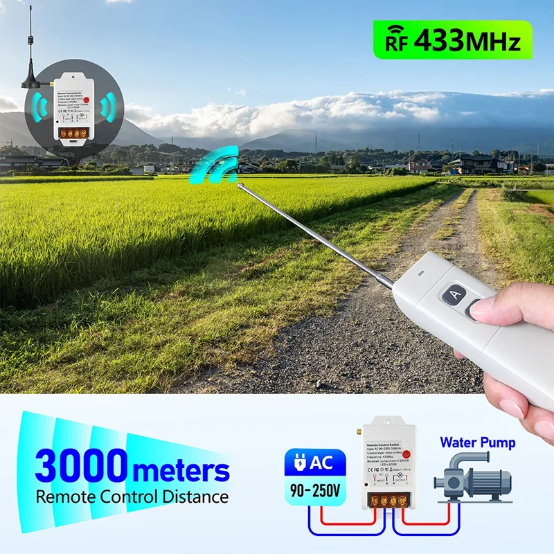 Mando a distancia RF433 MHz, 3000m, 30A, 220V, CA, interruptor de bomba de agua, Control remoto inalámbrico RF, receptor de Radio, 1KM, 3KM, 5KM