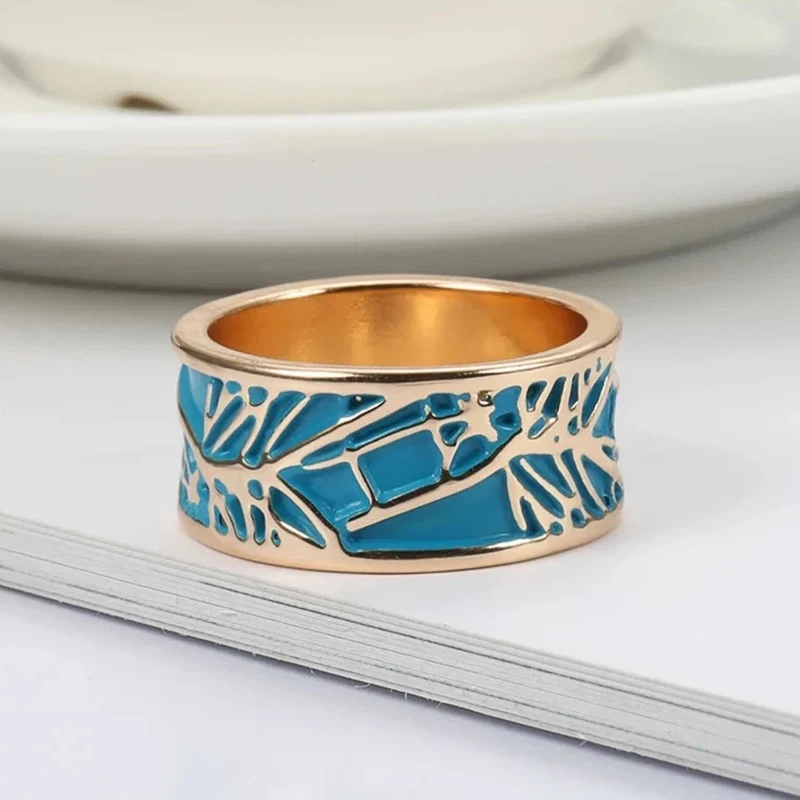 Huitan Boho Style Blue Enamel Finger-ring for Woman Creative Plant Tree Pattern Design Fancy Girl Gift Party Female Jewelry New