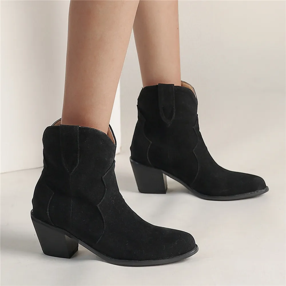 Autumn Winter Casual Western Cowboy Ankle Boots Women Cowgirl Booties Short Cossacks Botas Pointed Toe High Heels Shoes Womens