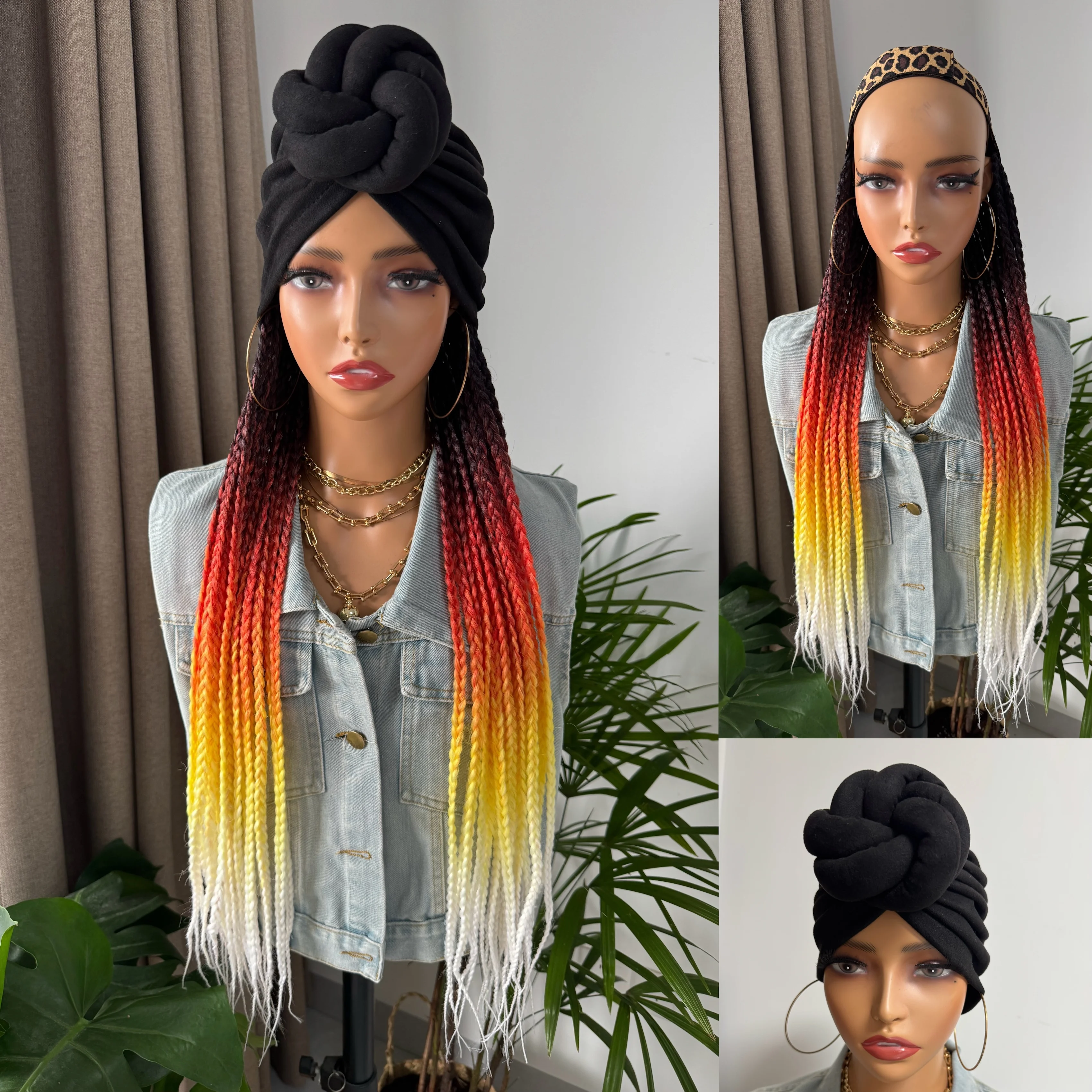 Long Ombre Black Bronw Blonde Red Fantasy Synthetic Box Braided With Elastic Bands Headband Turban Braiding Hair Extensions Wigs