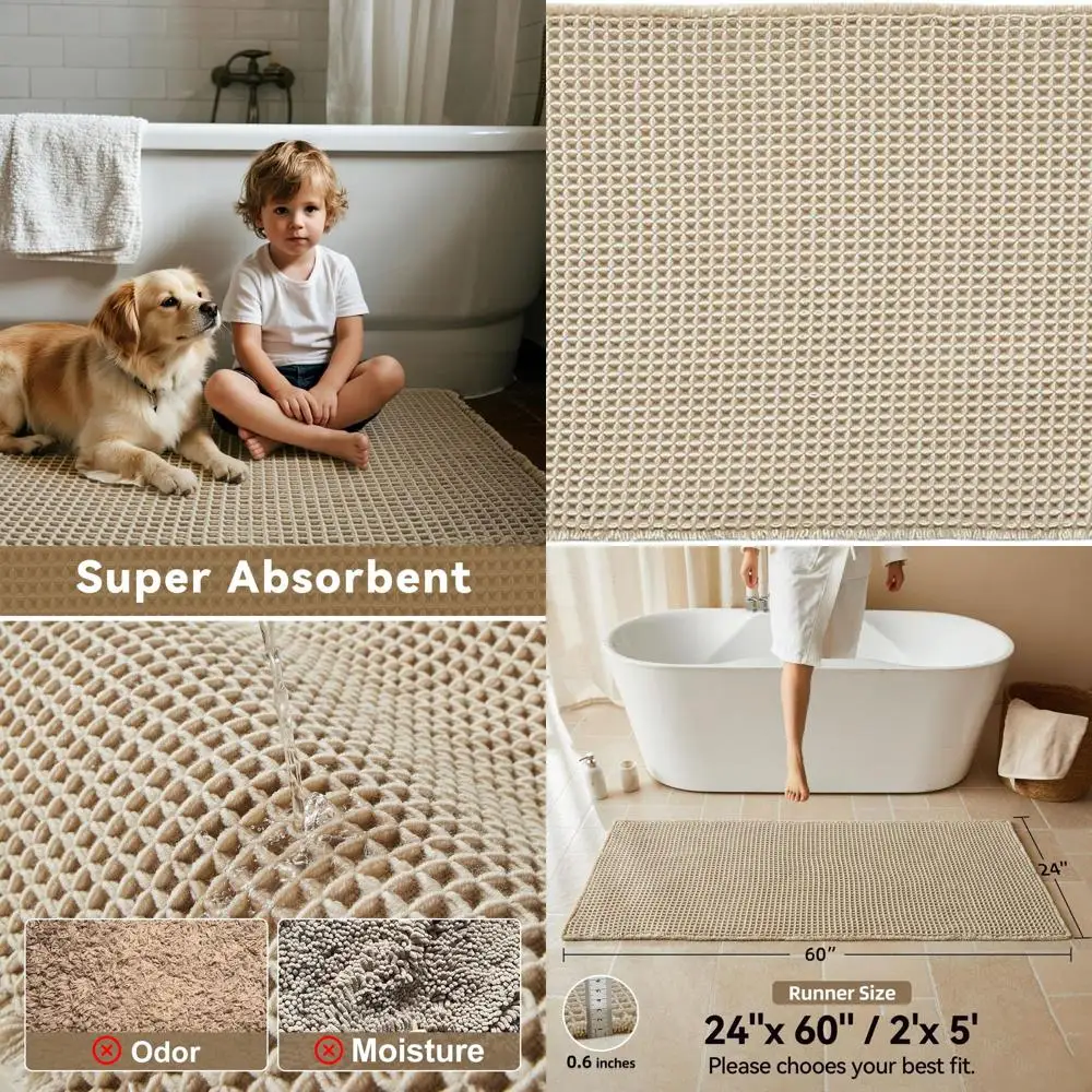 

Soft & Absorbent Non-Slip Bath Mat, 24x60, Boho Farmhouse Style, Pale Beige