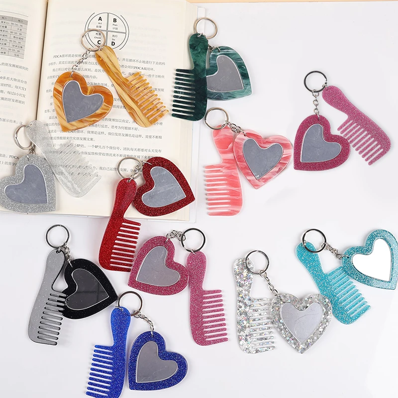 Fashionable Mini Comb Keychain With Heart Shape Makeup Mirror Handmade Creative Keyring Fashionable Key Ring Backpack Decoration