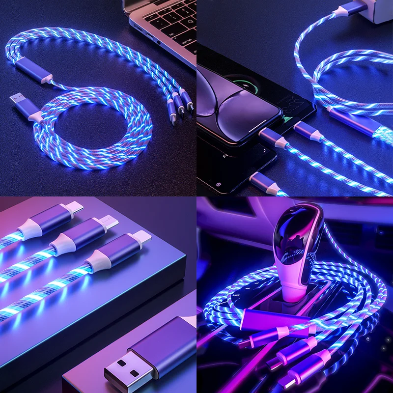 3A Flow Luminous USB Type C Cable   Fast Charging Data Cord For Iphone Samsung Huawei Xiaomi Multi Port Multiple Charging Wire