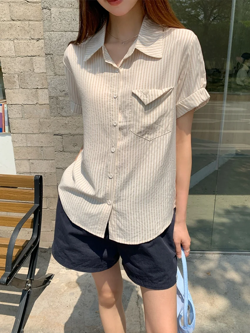 Alien Kitty Stripes 여성 루즈 셔츠 세련된 여름 2025 짧은 소매 모든 경기 패션 부드러운 작업복 데일리 캐주얼 New