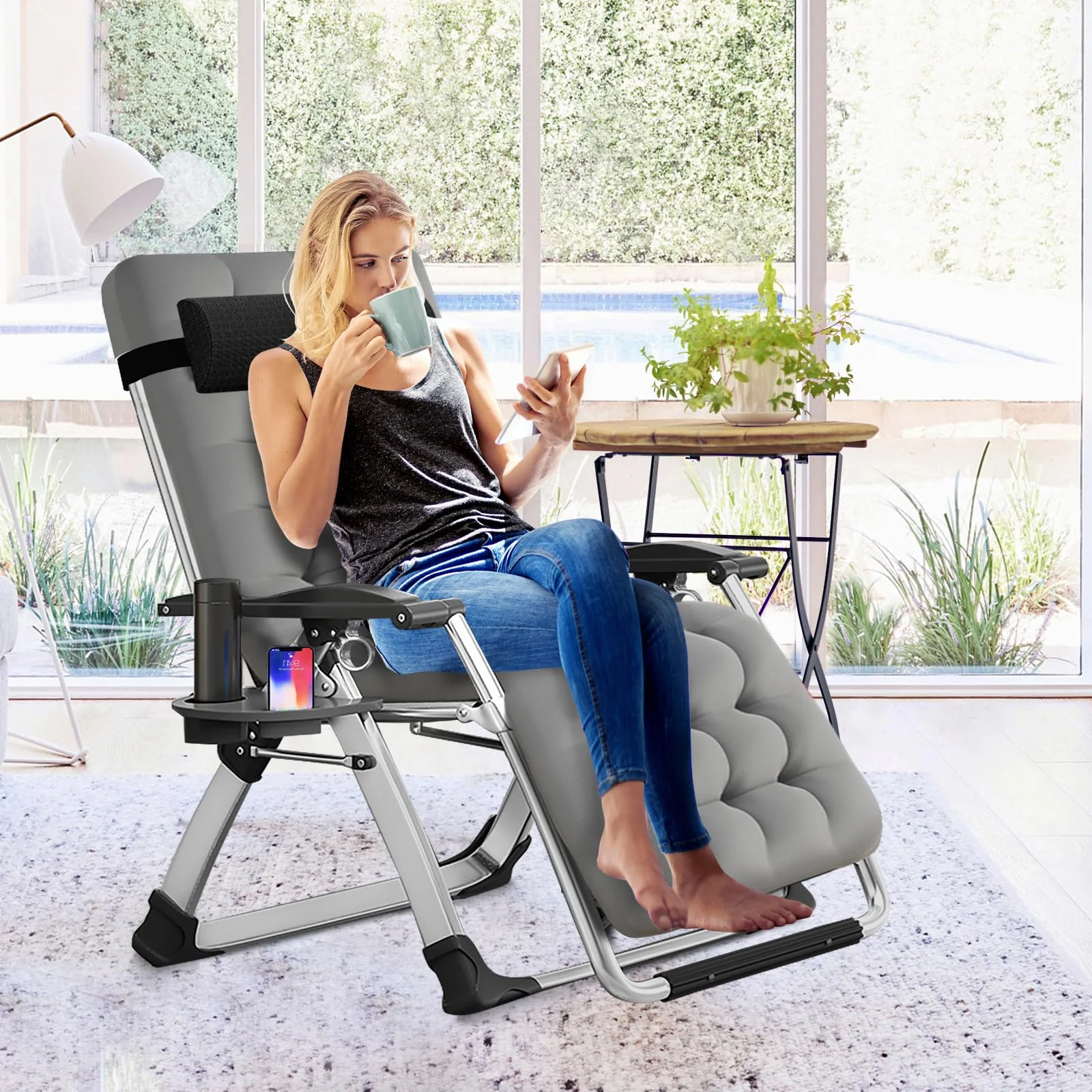 3-in-1 Folding Zero Gravity Lounge Chair with Adjustable Ergonomic Headrest And Lumbar Support Heavy-Duty Steel Frame 330.01LB Portable Seat Cushion for Garden Camping Patio Leisure