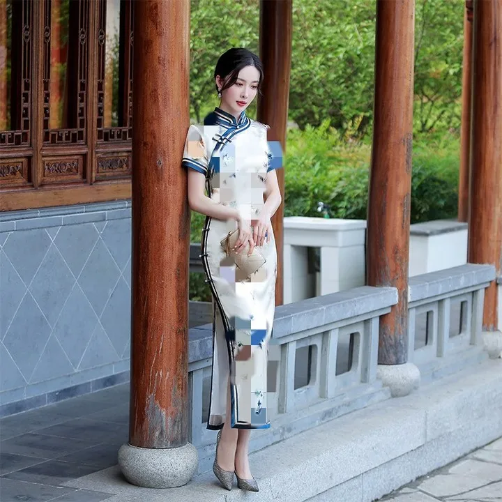 High Quality Real Silk Cheongsam Qipao 2024 New Short Sleeve National Fashion Chinese Style Young Girl Dress Long