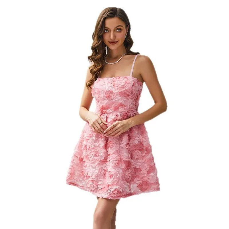 

2026 European and American Summer New Three-dimensional Rose Embroidery Temperament Sweet Suspender Strap Bow Dress Skirt Women