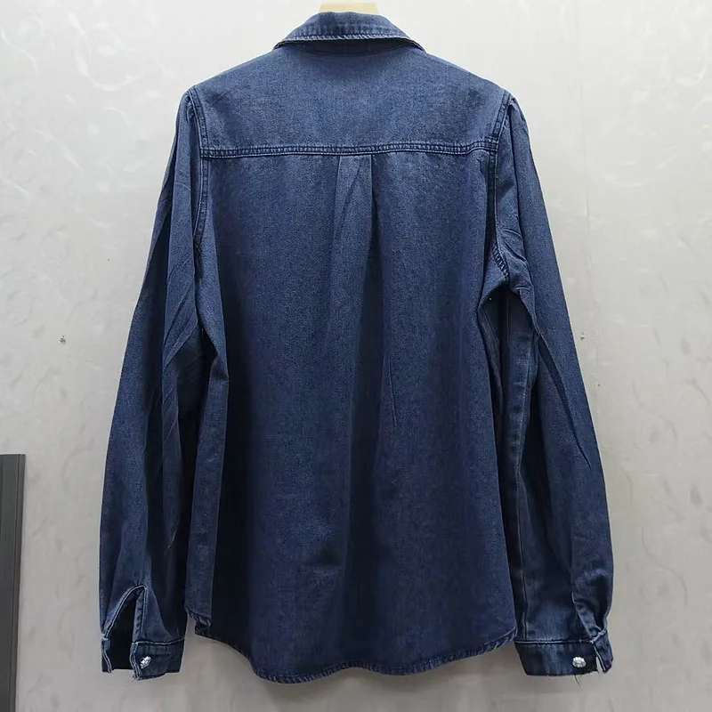 

Heavy Beaded Blue Denim Shirt For Women 2025 Autumn New Design Loose Fit Elegant Versatile Top Jacket