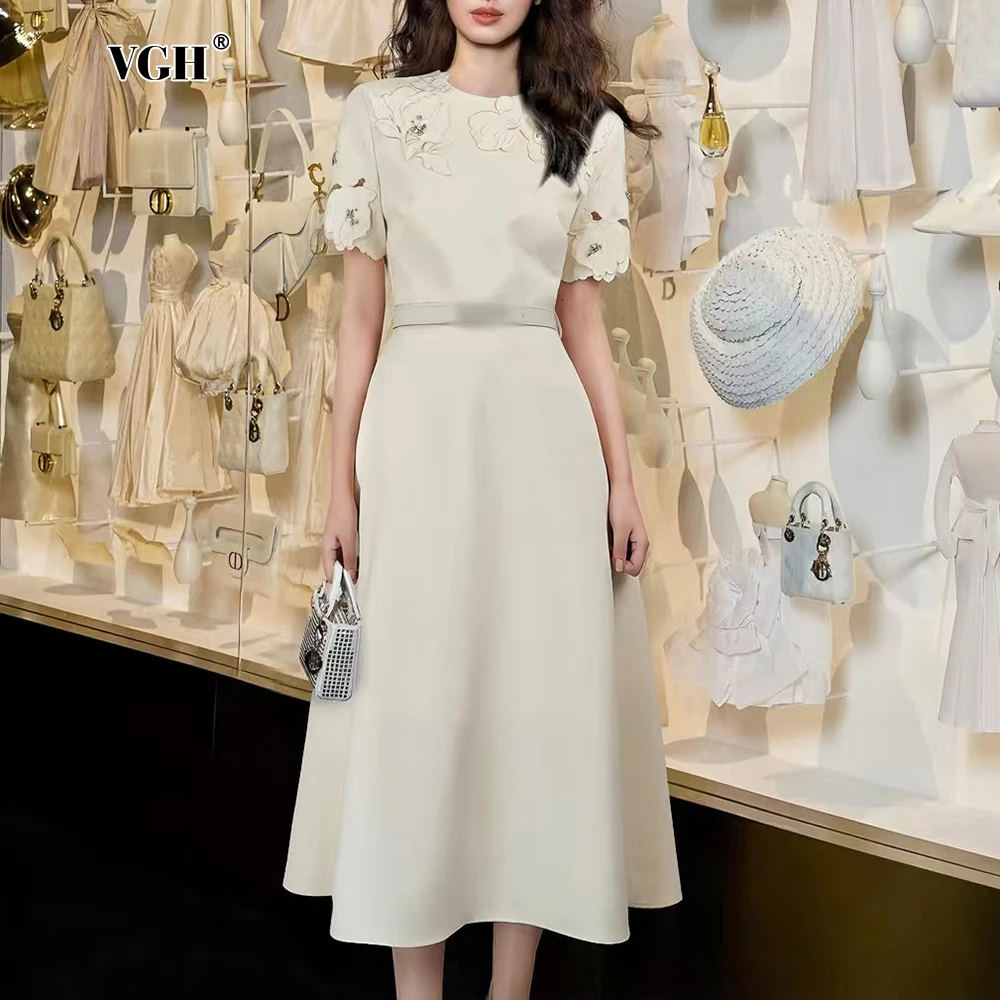 VGH New Years Spliced Belt Slim Midi Dresses for Women O Neck Short Sleeve Hollow Out High Waist Elegant Bright Female Clothing