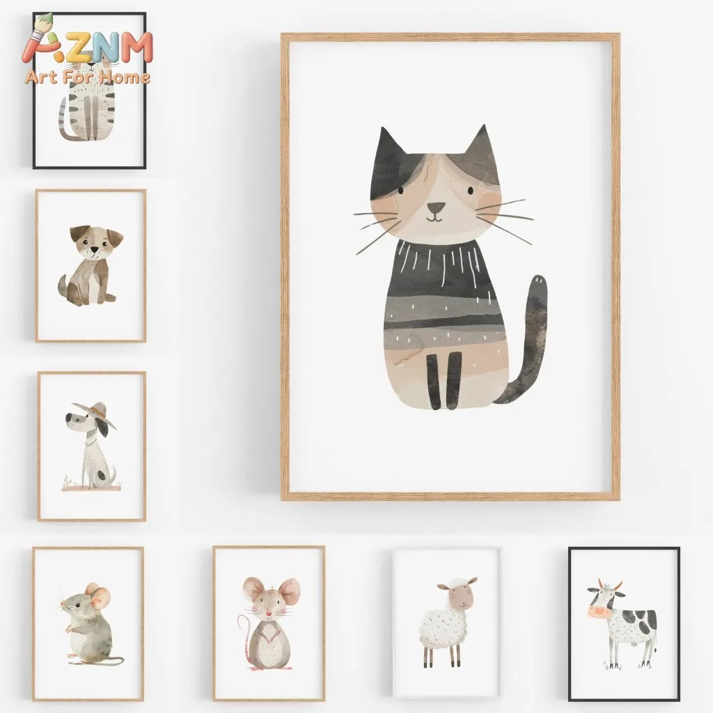 AZNM Neutral Watercolor Cartoon Farm Animal Canvas Poster Frameless Wall Art Cat Dog Mouse Sheep Cow Minimal Print For Baby Nurs