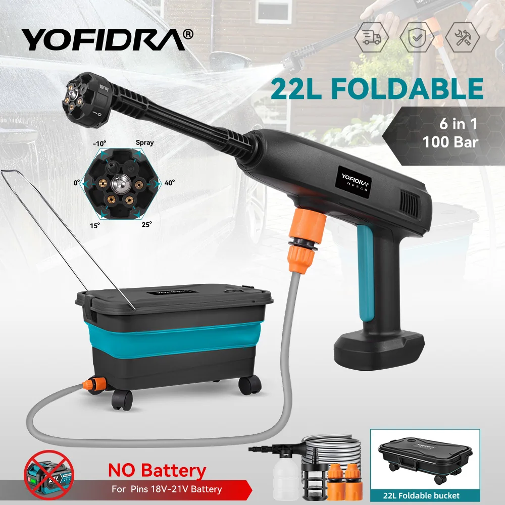 

YOFIDRA 100 бар электрический пистолет-распылитель воды со складным ведром для воды 22 л 6 в 1 садовая автомойка для аккумуляторного штифта Makita
