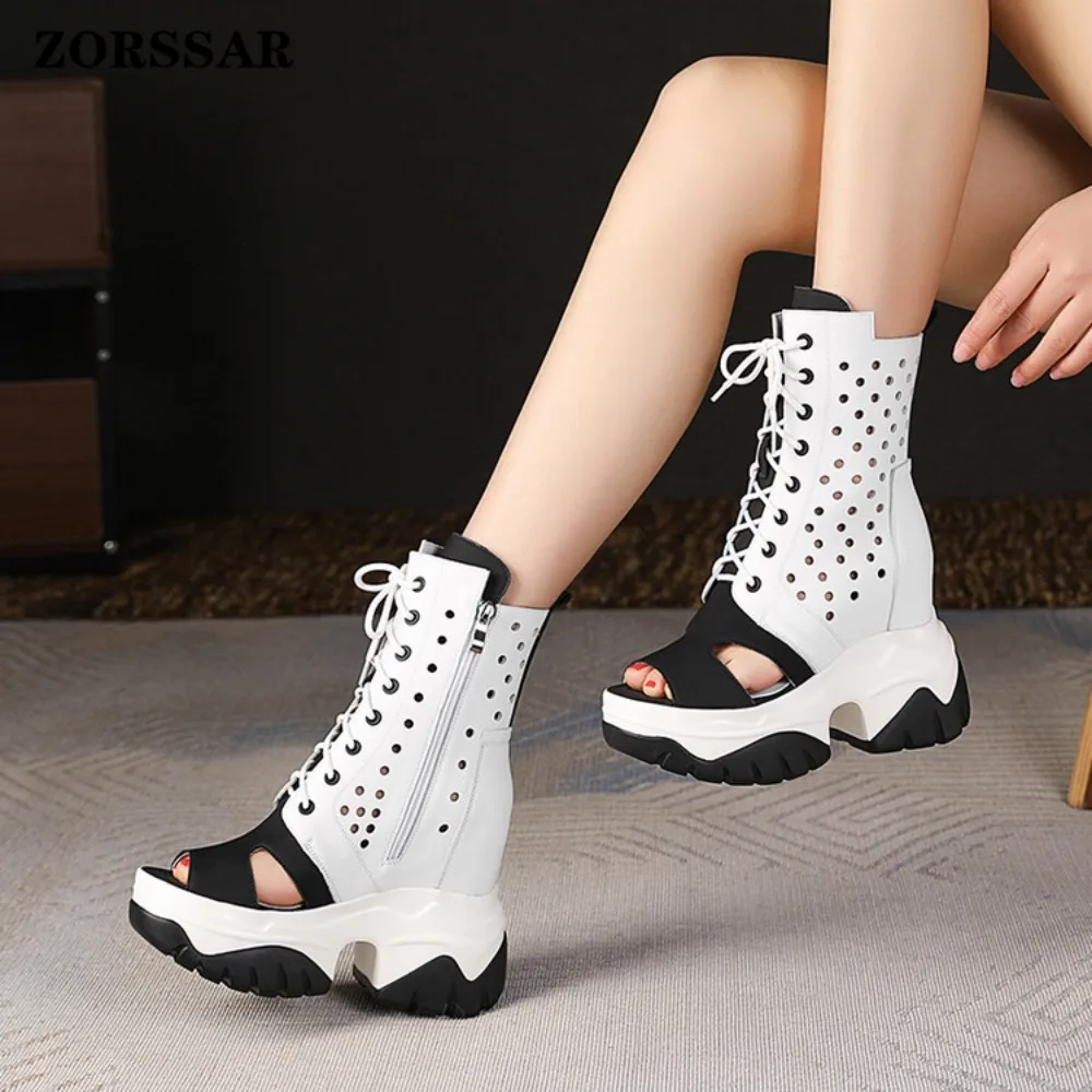 

Женские летние ботинки на танкетке с открытым носком, с вырезами, на шнуровке, с боковой молнией, на платформе, дышащие, модные, в стиле ретро, повседневная обувь