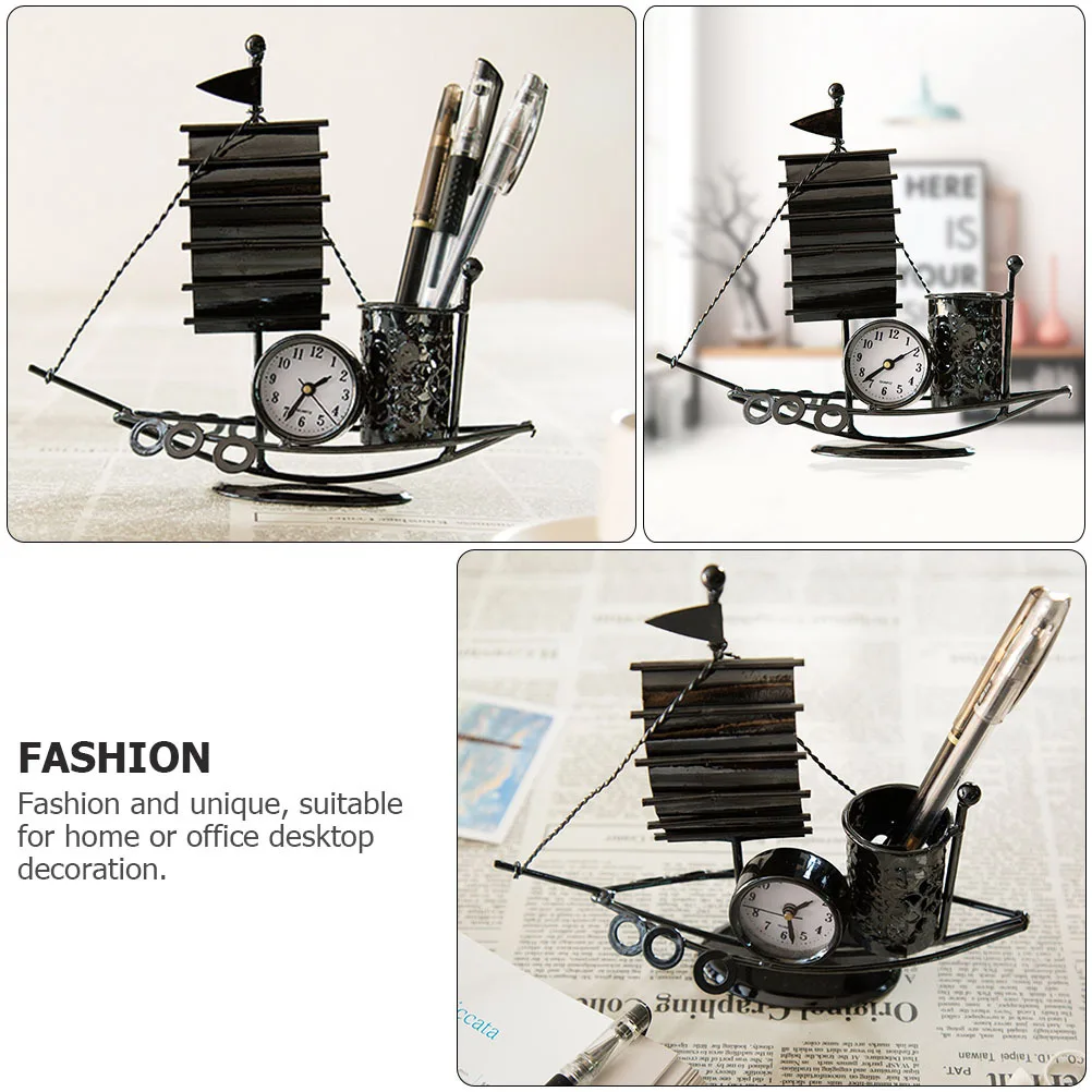 

Iron Art Sailboat Ornament Desktop Organizer Metal Pen Holder Table Clock Pencil Holder For Home Office Decoration