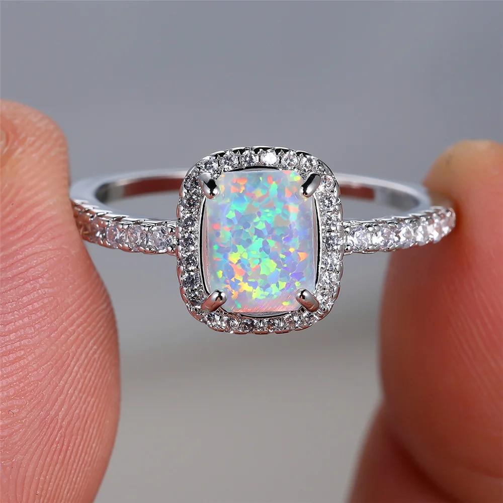 Cute Female White Fire Opal Stone Engagement Ring Vintage Silver Color Wedding Jewelry For Women