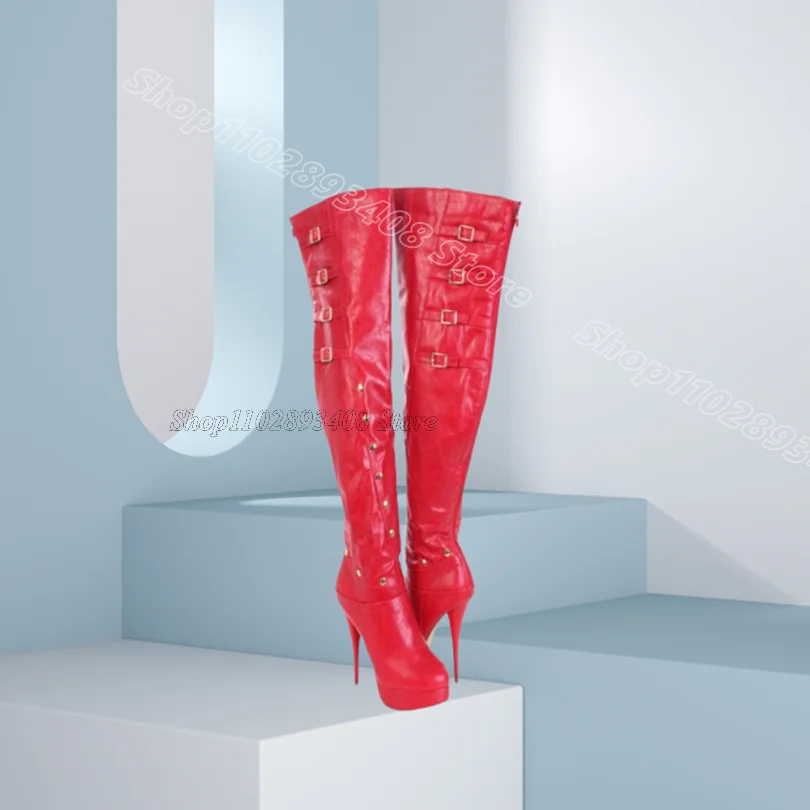 

Red Platform Stiletto Over Knee Boots Back Zipper Leather British Style Spring Party Dress Women Boots 2025 Zapatos Para Mujere
