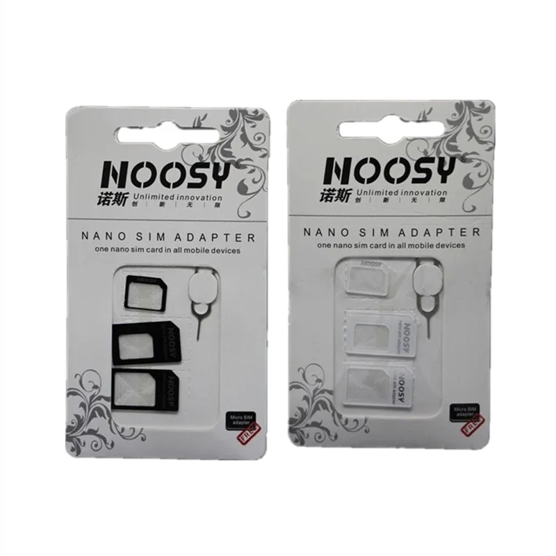 100Set 4 in1 Noosy Nano SIM Card Micro SIM Card a adattatore Standard convertitore adattatore Set per telefono cellulare con chiave Pin di espulsione