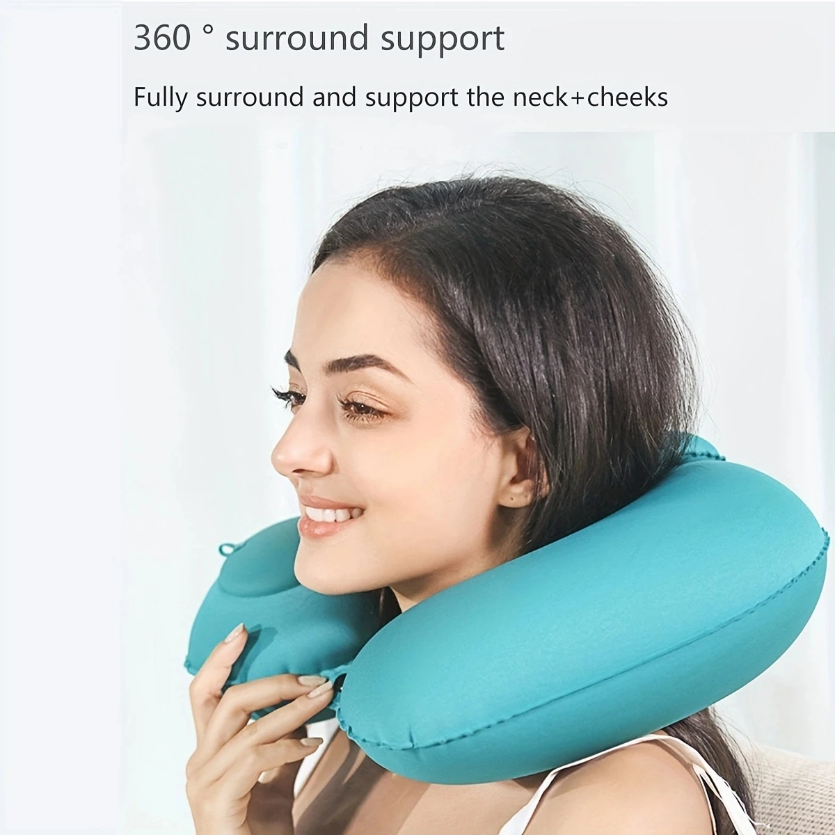 Green Inflatable U-shaped Pillow Press Automatic Inflatable Portable Travel Neck Protection Pillow Aircraft Pillow Outdoor Trave