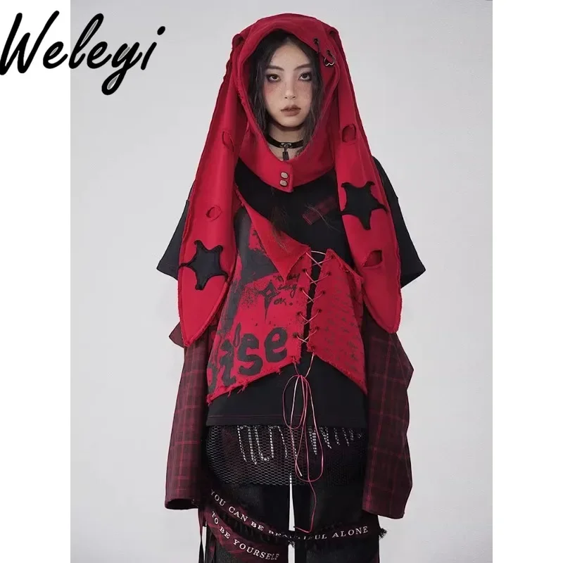 Gothic Clothes Original Print Rabbit Ear Hooded Sweatshirt High Streetwear Woman Plaid Stitching Mid-length Clothes for Women