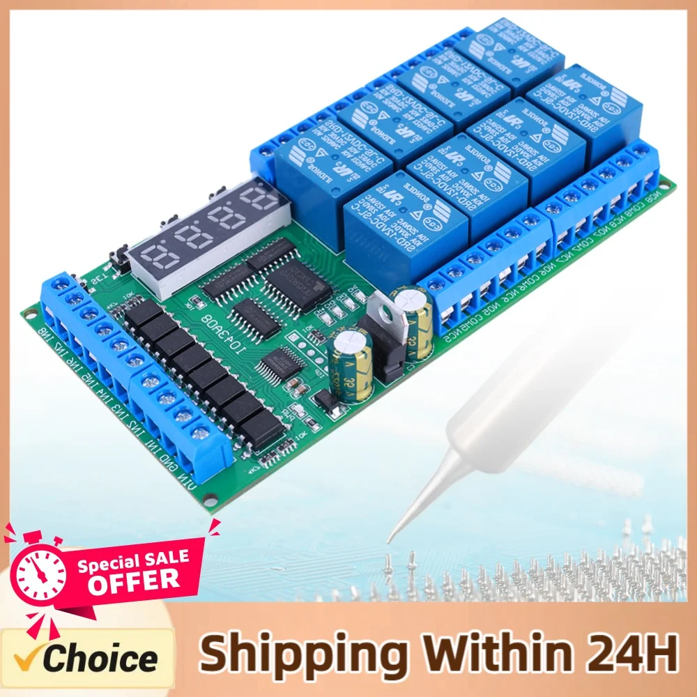 DC 12V 8 Channels Multifunction Timer Delay Relay Board Time for Switch Timing Cycle Interlock Self-locking Momentary Bistable