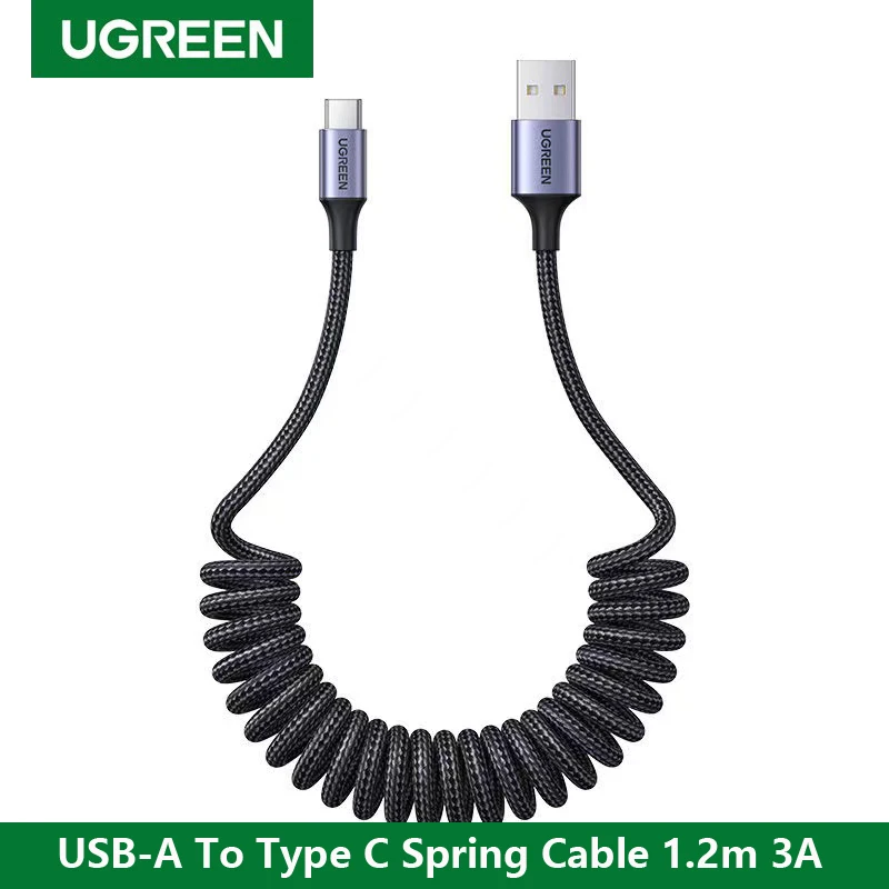 

Кабель UGREEN автомобильный с пружинным выходом USB A на Type C, 3 А, быстрая зарядка данных для Apple iPhone 15 Samsung Android, зарядное устройство с плетеной оплеткой QC