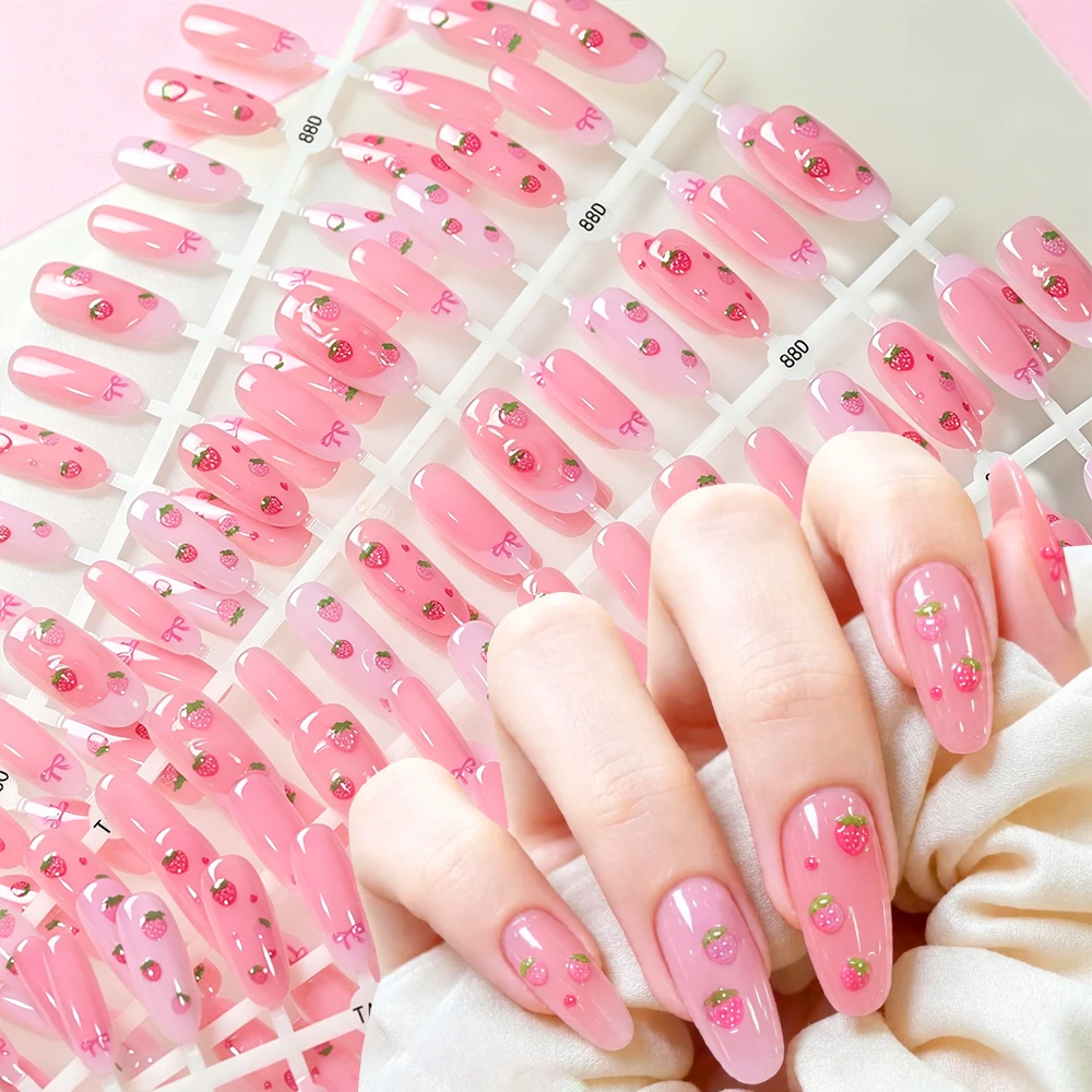 150Pcs Glossy Nude Pink Strawberry Fake Nails Medium Almond Sweet Bow Strawberry Press on Nail Acrylic Full Cover False Nail Tip