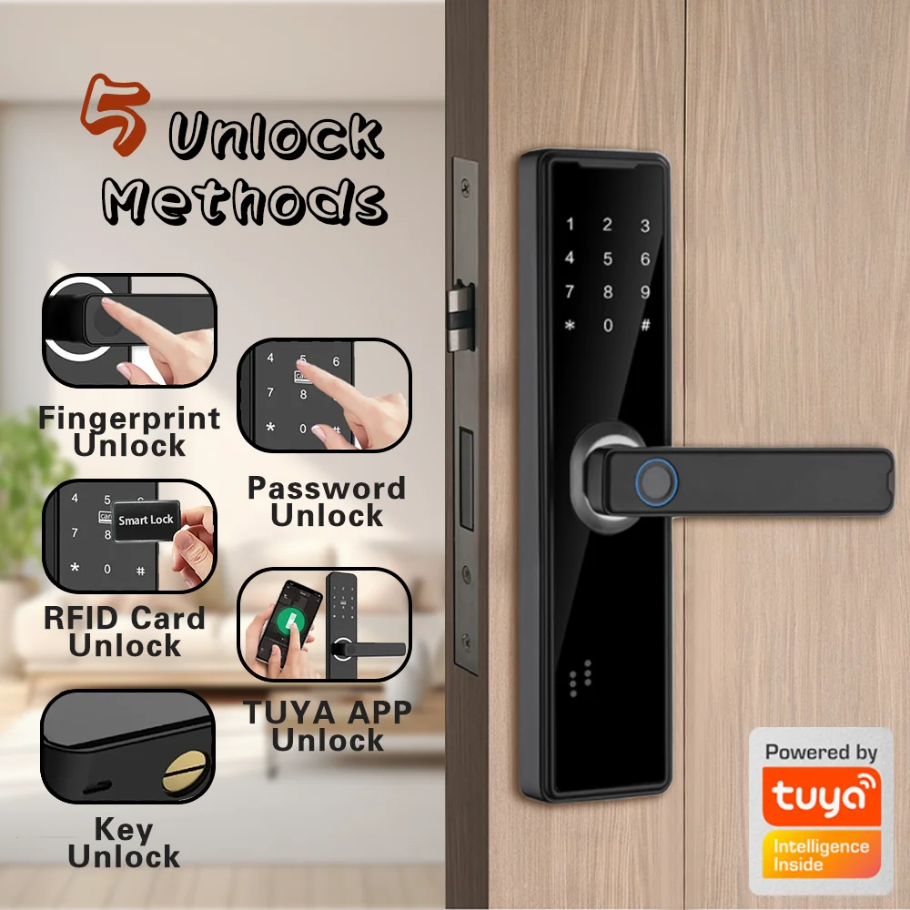 PHIPULO Tuya App Smart Door Lock Biometric Fingerprint Remote Unlocking Keyless Card Password Lock Electronic Door Lock