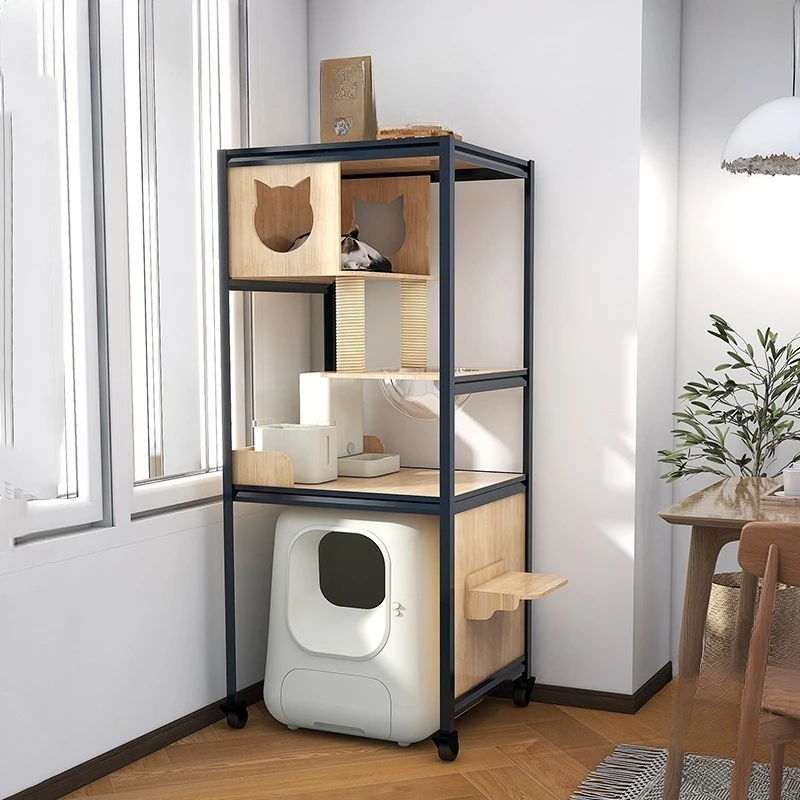 Large Cat Climbing Cabinet Multi-layer Villa Indoor  Scratching Board  Climbing Frame Litter Box Integrated Solid Wood Cat Nest