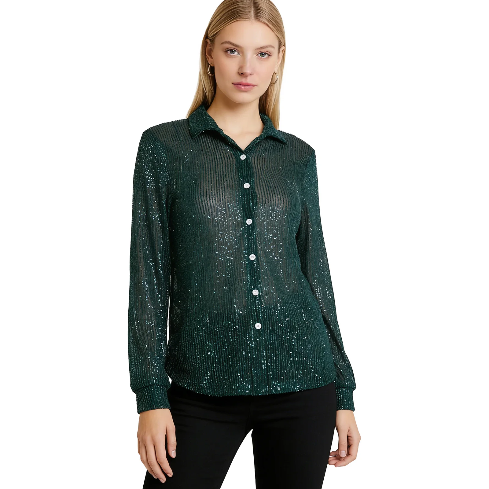 

Fashion Women Sequin See Through Mesh Tee Shirt Shiny Lapel Long Sleeve Button-down Blouse Cardigan Cover-up Top for Club Party