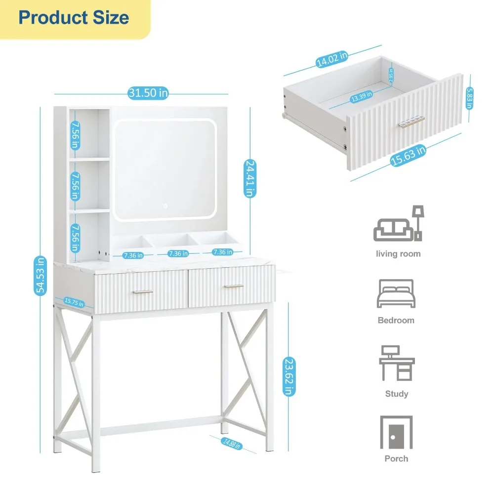 Vanity Desk moderno con specchio, Vanity per trucco per adulti con luci LED regolabili tricolore, 2 cassetti, 3 ripiani per camera da letto