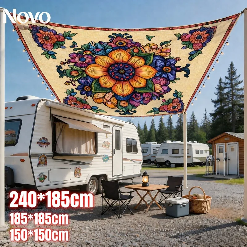 Boho Flower Print Camping Sun Shade Sail Tarp, Outdoor Canopy Tent Cover for Garden Patio Picnic Beach Camping Waterproof Cloth