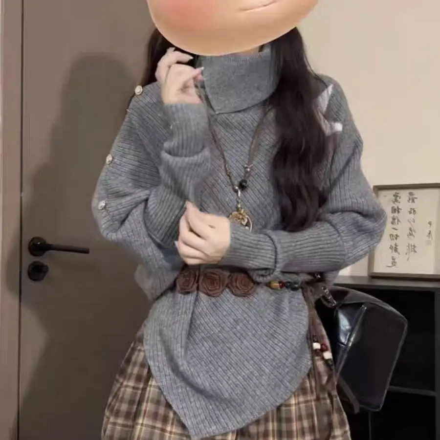 Spicy Girl – pull tricoté à col haut et chauve-souris pour femme, haut coréen, Design irrégulier, début d'automne, Y2K