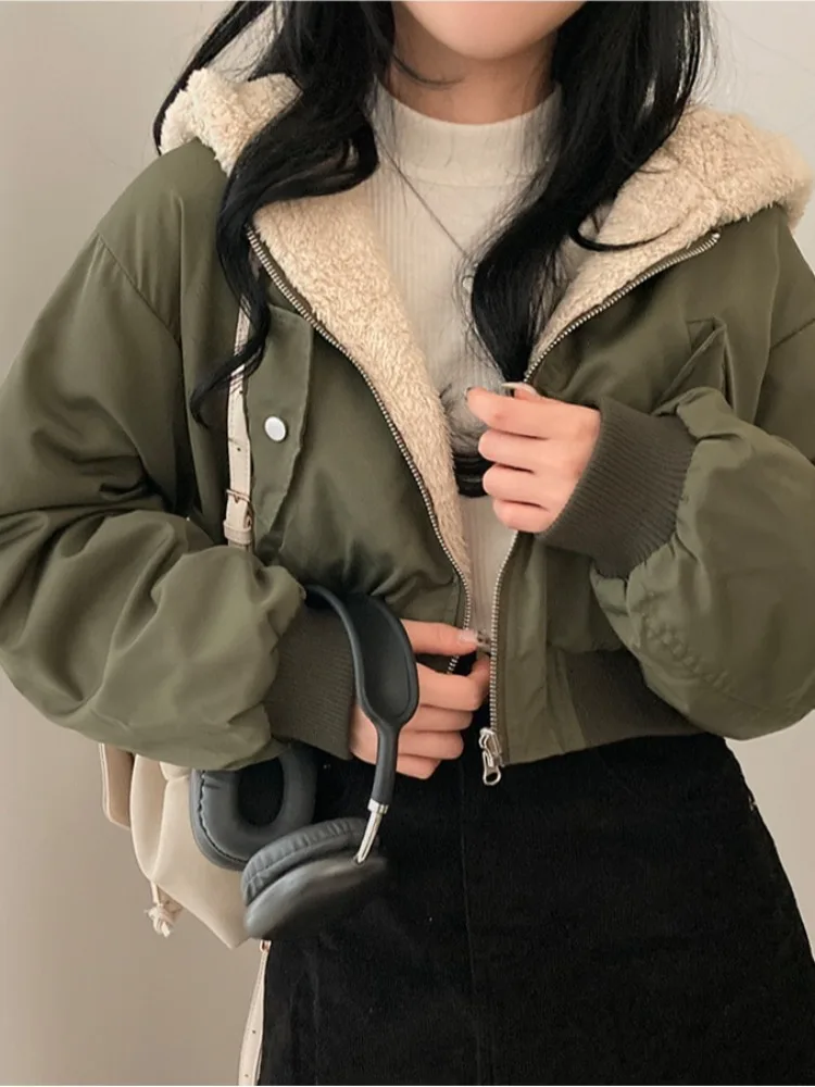 

Стильная осенне-зимняя женская теплая куртка с капюшоном на молнии, на подкладке из овечьей шерсти, двусторонняя, из хлопка, в корейском стиле, для повседневной носки