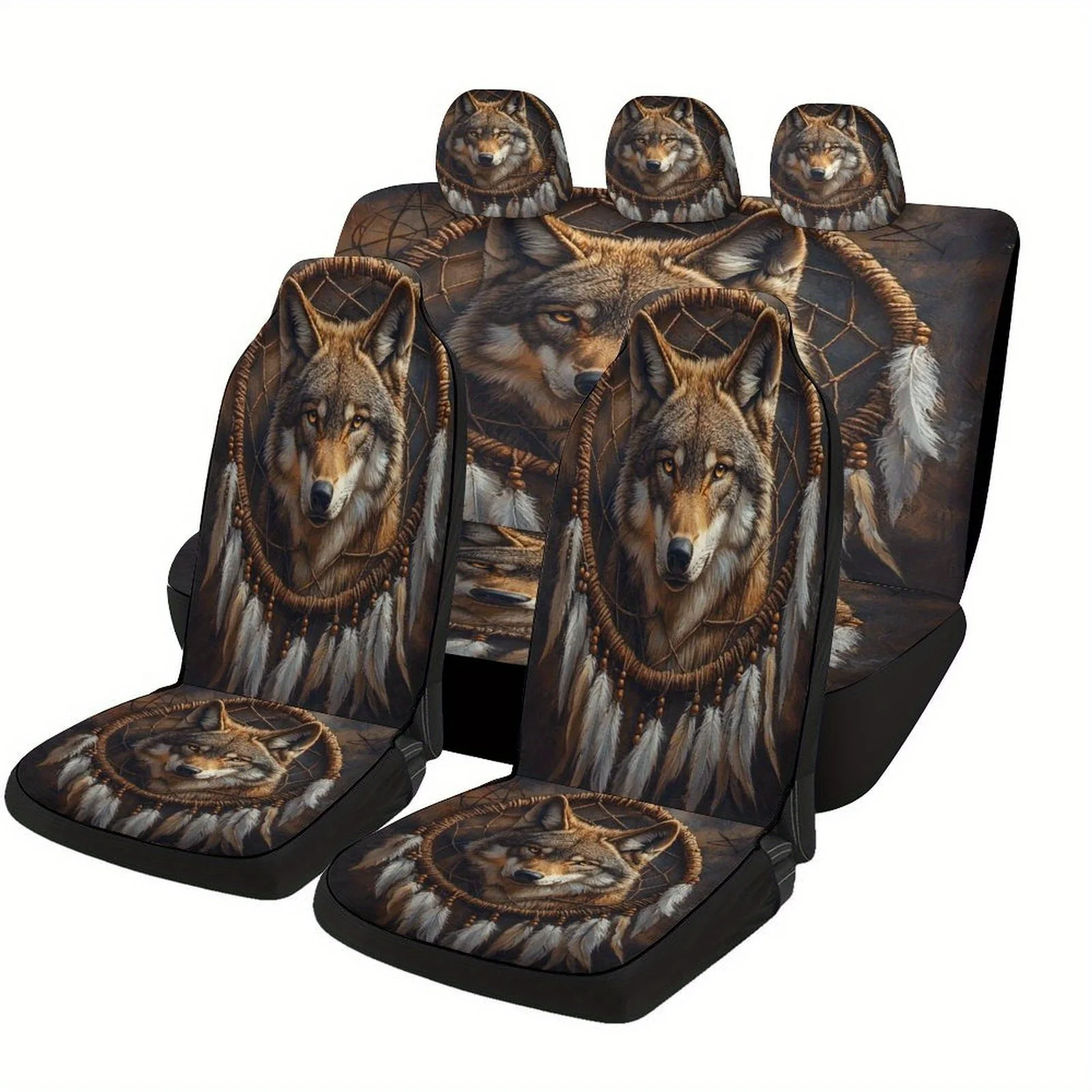 Wolf Dreamcatcher Designed Car Seat Cover Set For Most Cars, Trendy Novelty High-quality Car Seat Protector Covers Full Set, Uni