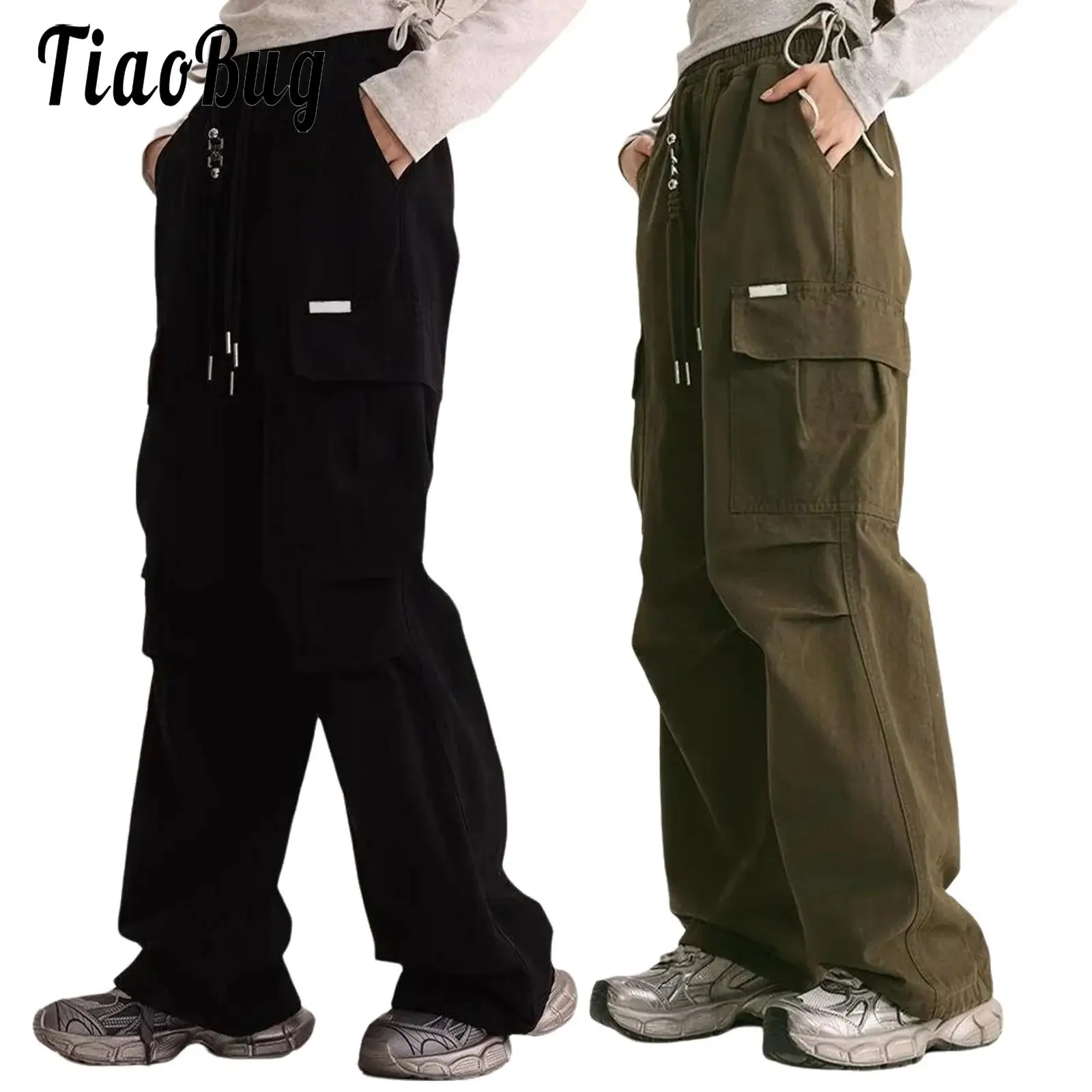 

Girls Teens Straight-Leg Cargo Pants Elastic Waistband Drawstring Trousers with Pockets for Skateboarding Hip-Hop Dancewear
