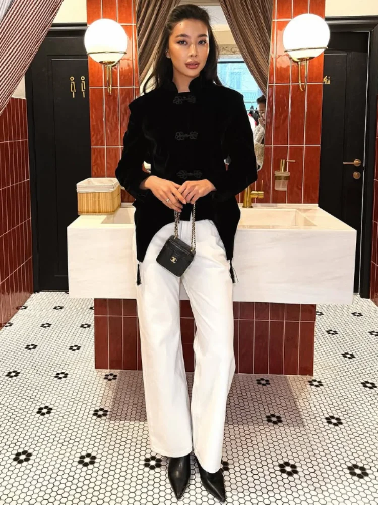 

Ladies Elegant Velvet Tassel Asymmetric Hem Jackets Stand Collar Chinese Knot Buckle Solid Long Sleeve 2026 Commute Outerwear
